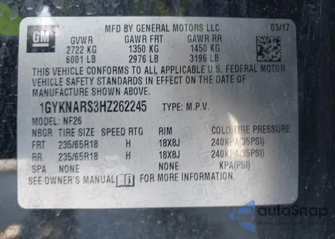 2017 Cadillac Xt5 Standard z USA, uszkodzony, nr VIN 1GYKNARS3HZ262245